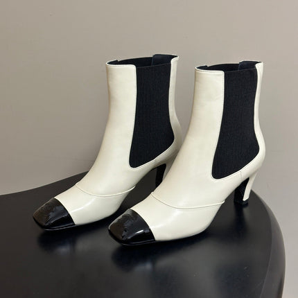 CHANEL 26S ANKLE BOOTS 60 MM IN WHITE CALFSKIN AND BLACK PATENT