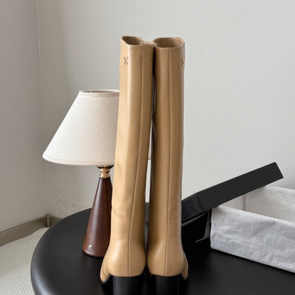 CHANEL 26S TALL BOOTS 70 MM IN BEIGE CALFSKIN SQUARE TOE