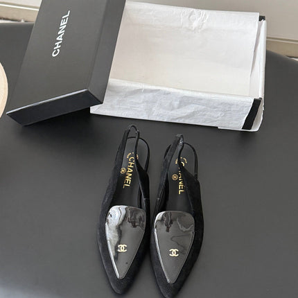 CHANEL 26S SLINGBACK FLAT IN BLACK SUEDE AND CALFSKIN
