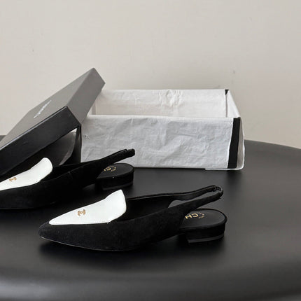 CHANEL 26S SLINGBACK FLAT IN BLACK AND WHITE SUEDE WITH CC LOGO