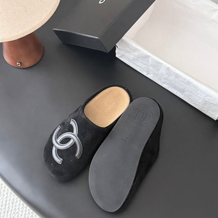CHANEL 26S MULES IN BLACK SUEDE ROUND TOE
