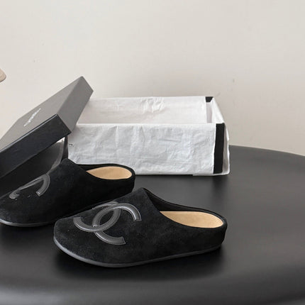 CHANEL 26S MULES IN BLACK SUEDE ROUND TOE