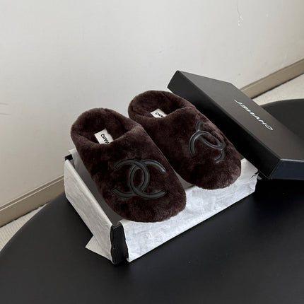 CHANEL 26S MULES IN DARK BROWN SHEARLING LINING ROUND TOE