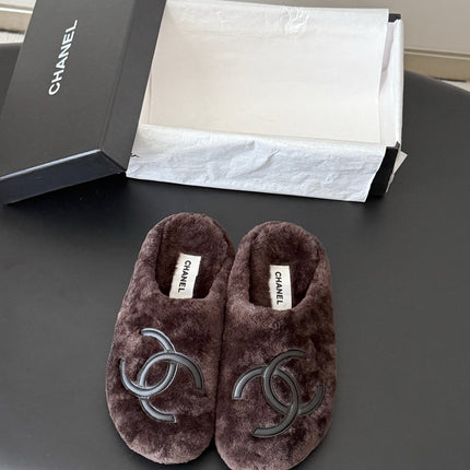 CHANEL 26S MULES IN DARK BROWN SHEARLING LINING ROUND TOE