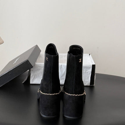 CHANEL 26S CHELSEA ANKLE BOOTS 70 MM IN BLACK SUEDE