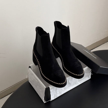 CHANEL 26S CHELSEA ANKLE BOOTS 70 MM IN BLACK SUEDE