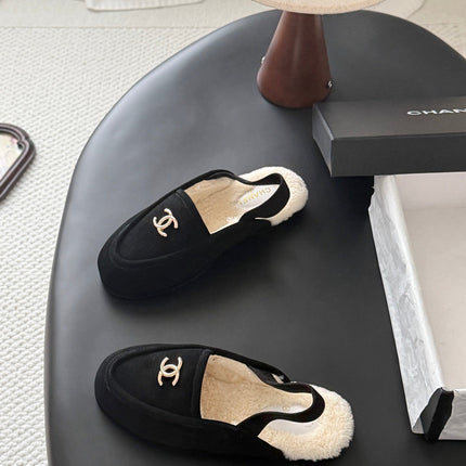 CHANEL 26S SLINGBACK LOAFERS IN BLACK SUEDE AND SHEARLING LINING
