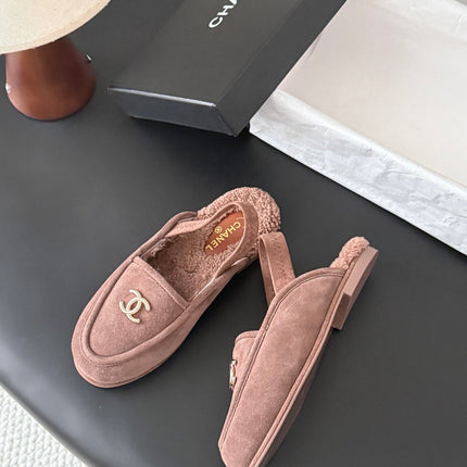 CHANEL 26S SLINGBACK LOAFERS IN TAUPE SUEDE AND SHEARLING LINING
