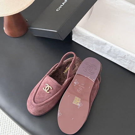 CHANEL 26S SLINGBACK LOAFERS IN PURPLE SUEDE AND SHEARLING LINING