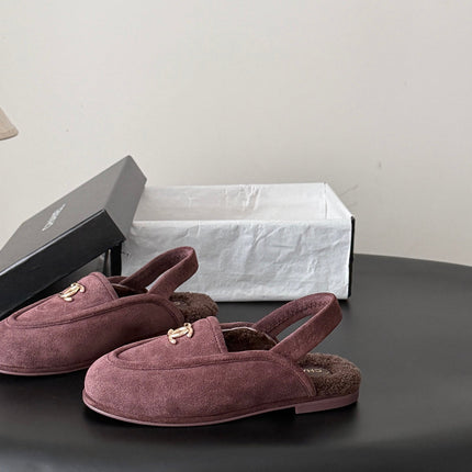 CHANEL 26S SLINGBACK LOAFERS IN PURPLE SUEDE AND SHEARLING LINING
