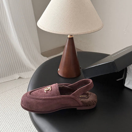 CHANEL 26S SLINGBACK LOAFERS IN PURPLE SUEDE AND SHEARLING LINING