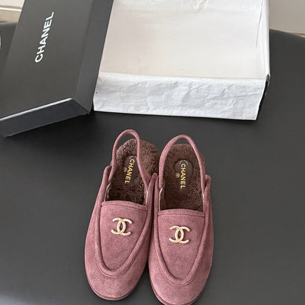 CHANEL 26S SLINGBACK LOAFERS IN PURPLE SUEDE AND SHEARLING LINING