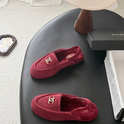 CHANEL 26S SLINGBACK LOAFERS IN RED SUEDE AND SHEARLING LINING