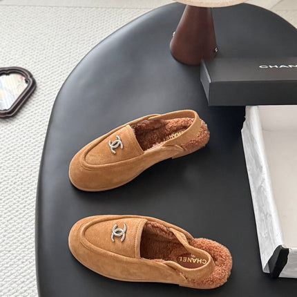 CHANEL 26S SLINGBACK LOAFERS IN BROWN SUEDE AND SHEARLING LINING
