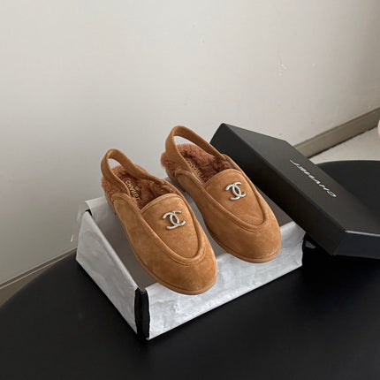 CHANEL 26S SLINGBACK LOAFERS IN BROWN SUEDE AND SHEARLING LINING