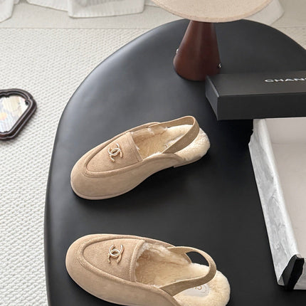 CHANEL 26S SLINGBACK LOAFERS IN BEIGE SUEDE AND SHEARLING LINING