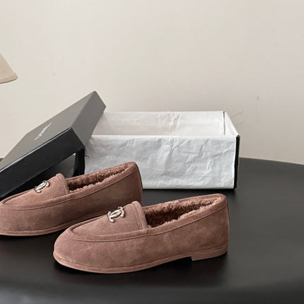 CHANEL 26S LOAFERS IN TAUPE SUEDE AND SHEARLING LINING