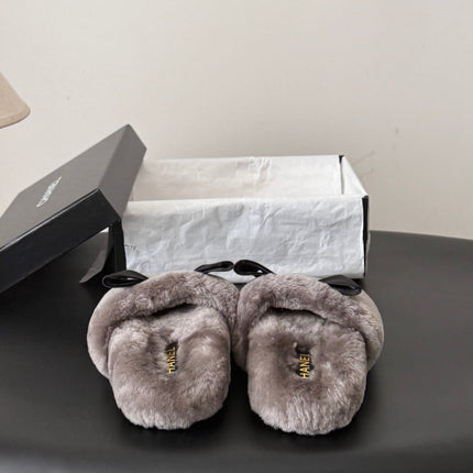 CHANEL 26S SLIDE SANDALS IN GRAY SHEARLING WITH BLACK BOW