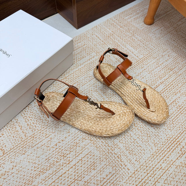 YSL 26S THONG SANDALS IN BEIGE RAFFIA AND COGNAC BROWN CALFSKIN