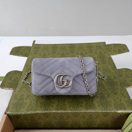 GUCCI 26S GG MARMONT MINI SHOULDER BAG 16 IN LIGHT GREY SUEDE