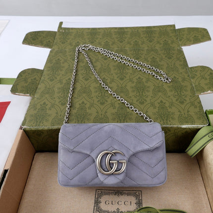 GUCCI 26S GG MARMONT MINI SHOULDER BAG 16 IN LIGHT GREY SUEDE
