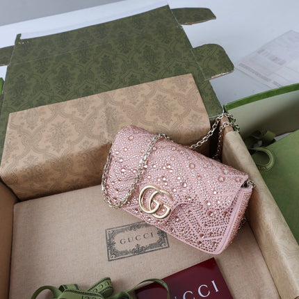 GUCCI 26S GG MARMONT MINI SHOULDER BAG 16 IN LIGHT PINK EMBOSSED CRYSTALS