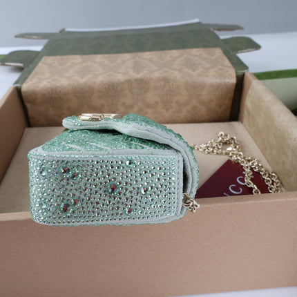 GUCCI 26S GG MARMONT MINI SHOULDER BAG 16 IN LIGHT GREEN EMBOSSED CRYSTALS