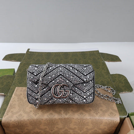 GUCCI 26S GG MARMONT MINI SHOULDER BAG 16 IN BLACK EMBOSSED CRYSTALS
