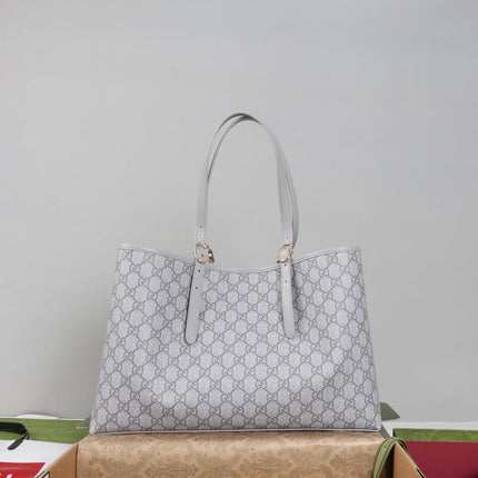 GUCCI 26S TOTE BAG 38 IN GREY CANVAS  METALLIC LEATHER TRIM