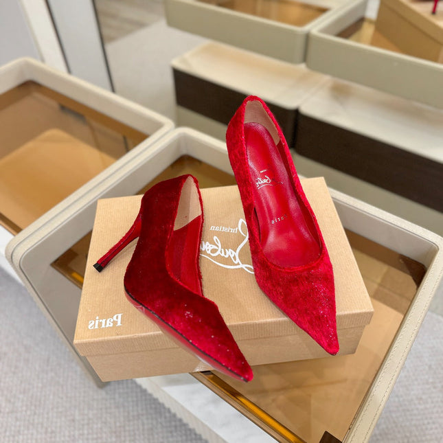 CHRISTIAN LOUBOUTIN 26S HIGH HEELS 105 MM IN RED VELVET GLITTER