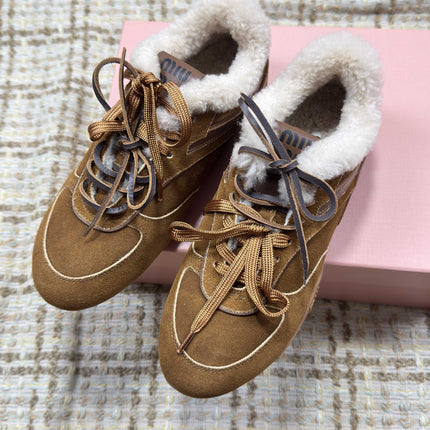 MIUMIU 26S SNEAKERS IN DARK BROWN SUEDE AND SHEARLING