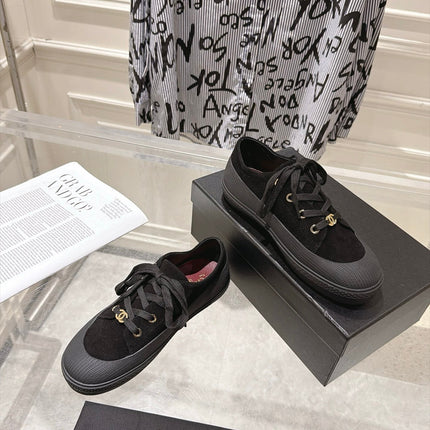 CHANEL 26S LACE UP SNEAKERS IN BLACK SUEDE ROUND TOE