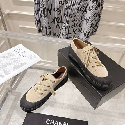 CHANEL 26S LACE UP SNEAKERS IN BEIGE SUEDE ROUND TOE