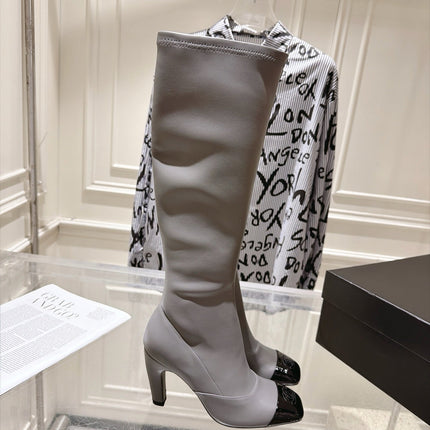 CHANEL 26S HIGH HEEL KNEE HIGH BOOTS 80 MM IN GRAY CALFSKIN AND BLACK PATENT LEATHER