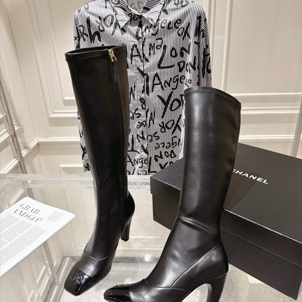 CHANEL 26S HIGH HEEL KNEE HIGH BOOTS 80 MM IN BLACK CALFSKIN AND PATENT LEATHER