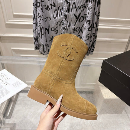 CHANEL 26S MID CALF BOOTS 30 MM IN BEIGE SUEDE
