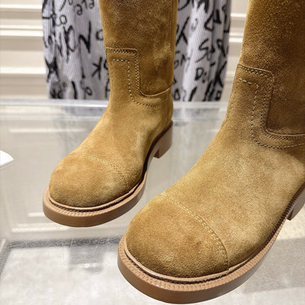 CHANEL 26S MID CALF BOOTS 30 MM IN BEIGE SUEDE