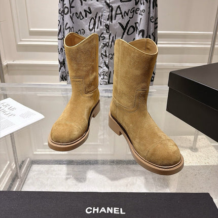 CHANEL 26S MID CALF BOOTS 30 MM IN BEIGE SUEDE