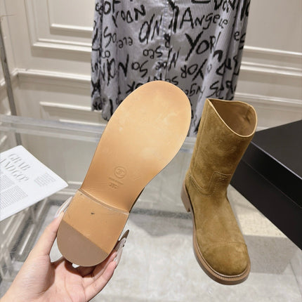 CHANEL 26S MID CALF BOOTS 30 MM IN BEIGE SUEDE