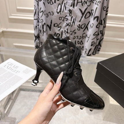 CHANEL 26S HIGH HEEL KNEE HIGH BOOTS 70 MM IN BLACK LAMBSKIN AND PATENT CALFSKIN