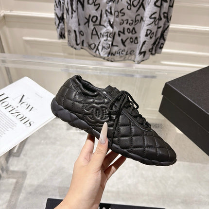 CHANEL 26S LACE UP SNEAKERS IN BLACK LAMBSKIN DIAMOND QUILTING
