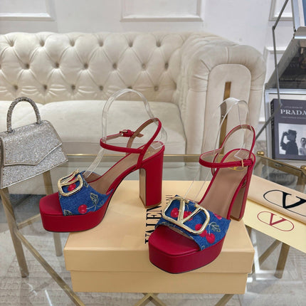 VALENTINO 26S PLATFORM SANDALS 110 MM IN RED CALFSKIN AND BLUE DENIM