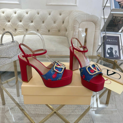 VALENTINO 26S PLATFORM SANDALS 110 MM IN RED CALFSKIN AND BLUE DENIM