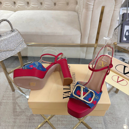VALENTINO 26S PLATFORM SANDALS 110 MM IN RED CALFSKIN AND BLUE DENIM