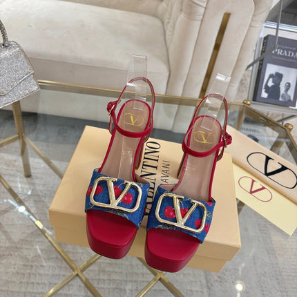 VALENTINO 26S PLATFORM SANDALS 110 MM IN RED CALFSKIN AND BLUE DENIM