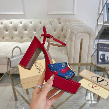 VALENTINO 26S PLATFORM SANDALS 110 MM IN RED CALFSKIN AND BLUE DENIM