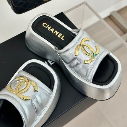 Large Double C Platform Slippers Silver