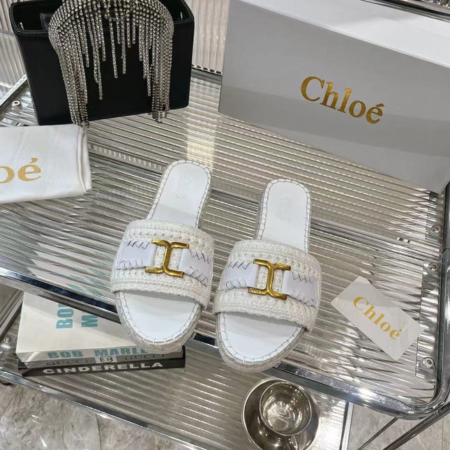 WOVEN SLIPPER IN WHITE WOOL AND LAMBSKIN GOLD HARDWARE
