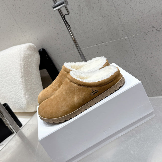 ALO 25S BIRKENSTOCK CLOGS IN BROWN SUEDE AND WHITE WOOL