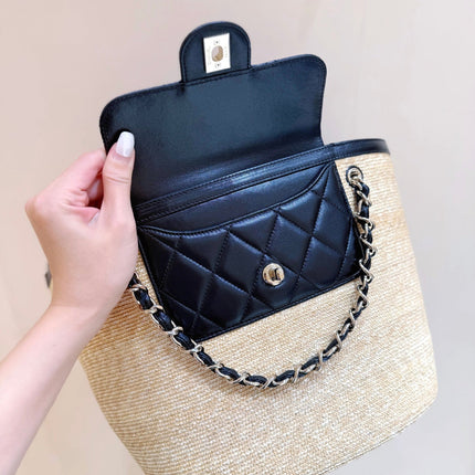CHANEL 26S TOTE BAG 25 IN BEIGE FABRIC AND BLACK CALFSKIN